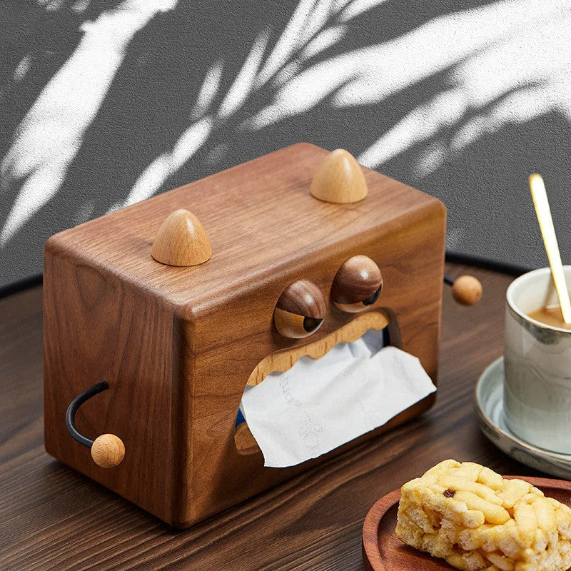 Cartoon little monster wooden tissue box in walnut beech colour measuring 190x104x125mm