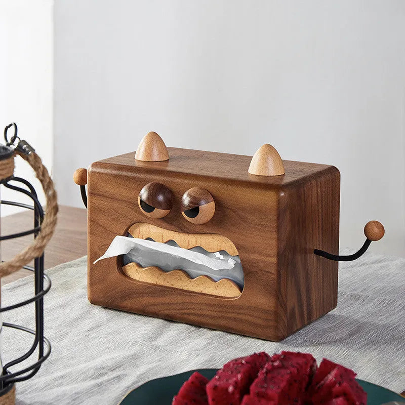 Cartoon little monster wooden tissue box in walnut beech colour measuring 190x104x125mm