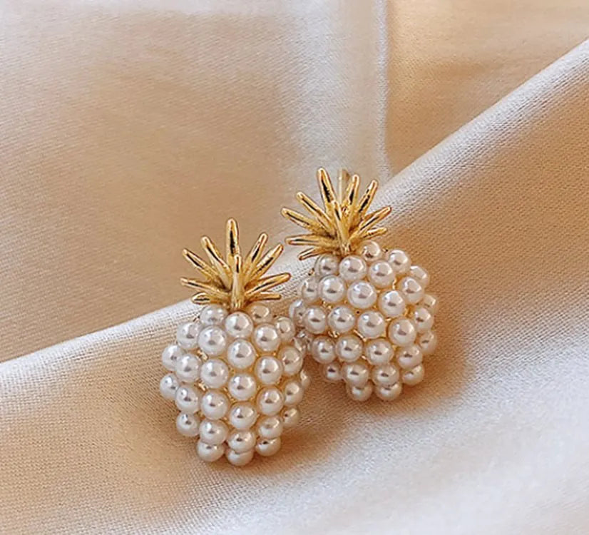 Korean style pineapple and starfish pearl earrings for women in electroplated alloy with four colour options