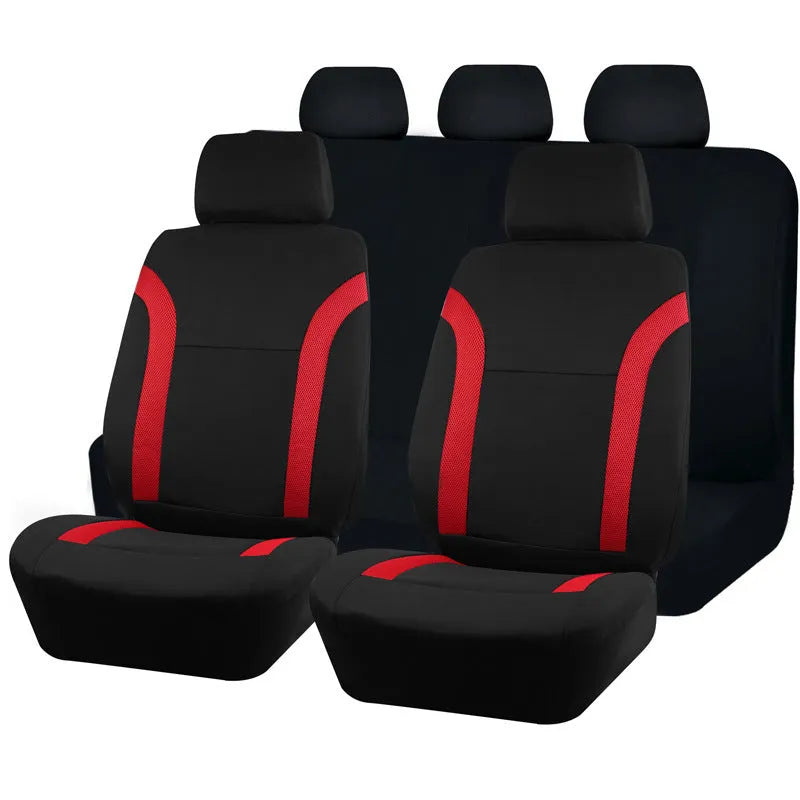 Blue polyester car seat cover with eyelet stitching on a car seat, showing front and headrest pieces.