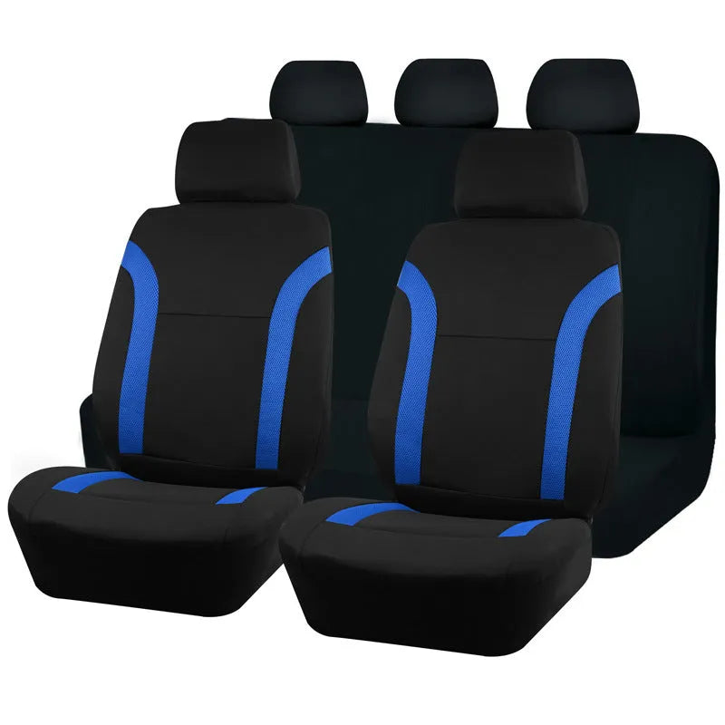 Blue polyester car seat cover with eyelet stitching on a car seat, showing front and headrest pieces.