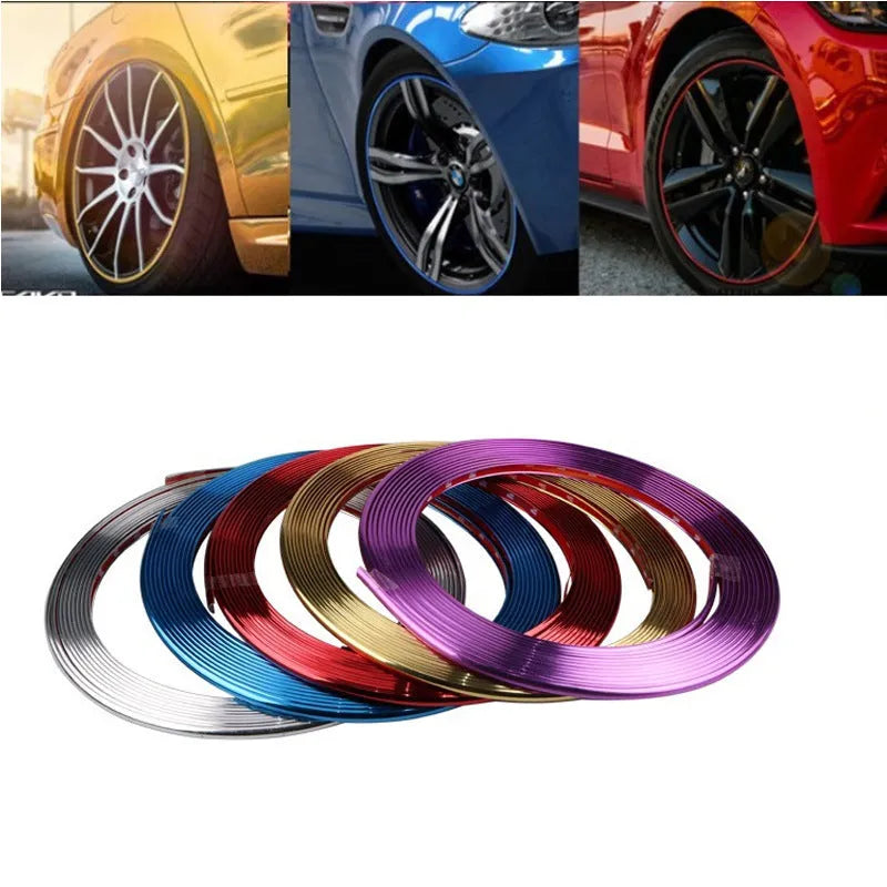 Roll of electroplated purple PVC wheel hub trim and a separate anti-collision strip on a white background.