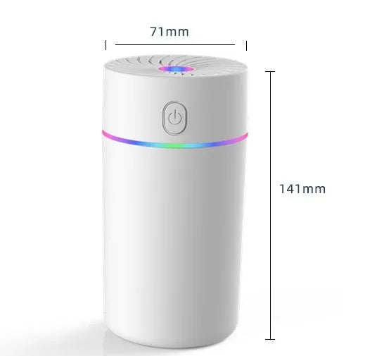Compact black car USB humidifier with aromatherapy function placed in a vehicle cup holder.