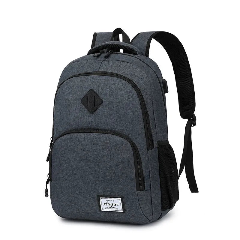 Grey USB charging backpack with trolley sleeve showing dimensions and water-resistant nylon construction