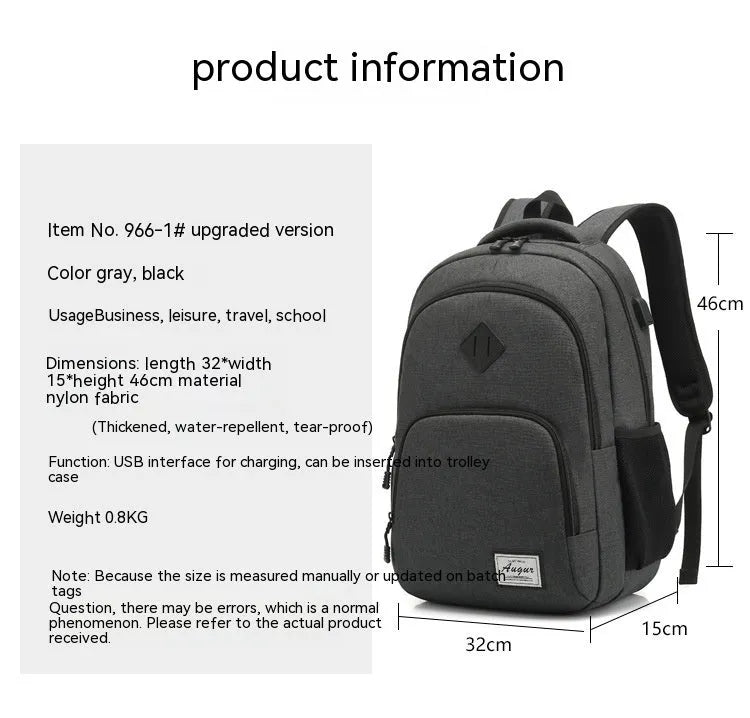 Grey USB charging backpack with trolley sleeve showing dimensions and water-resistant nylon construction