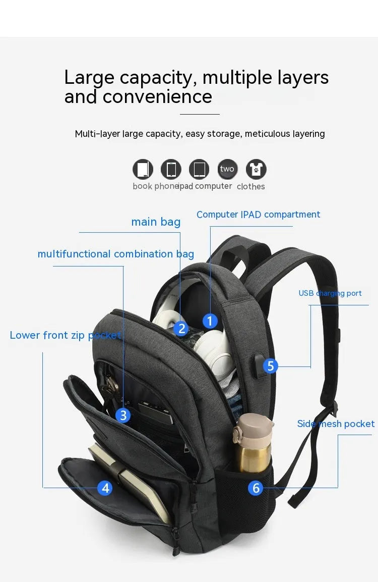 Grey USB charging backpack with trolley sleeve showing dimensions and water-resistant nylon construction