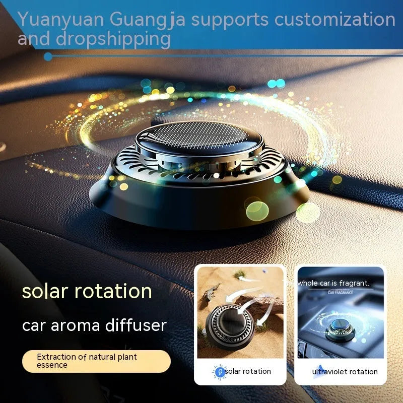Portable solar-powered kinetic car air freshener with rotating double rings for fragrance diffusion