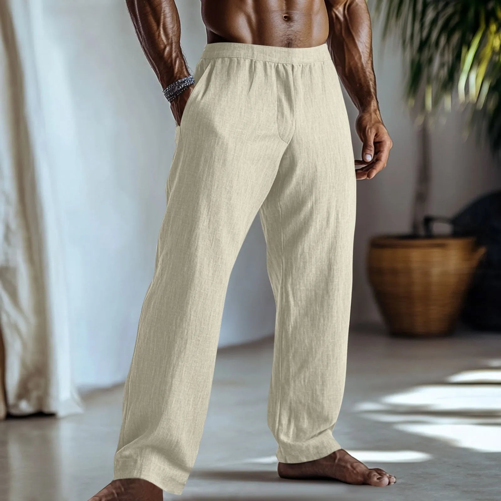 Straight leg cotton linen casual trousers with pockets shown in a solid colour.