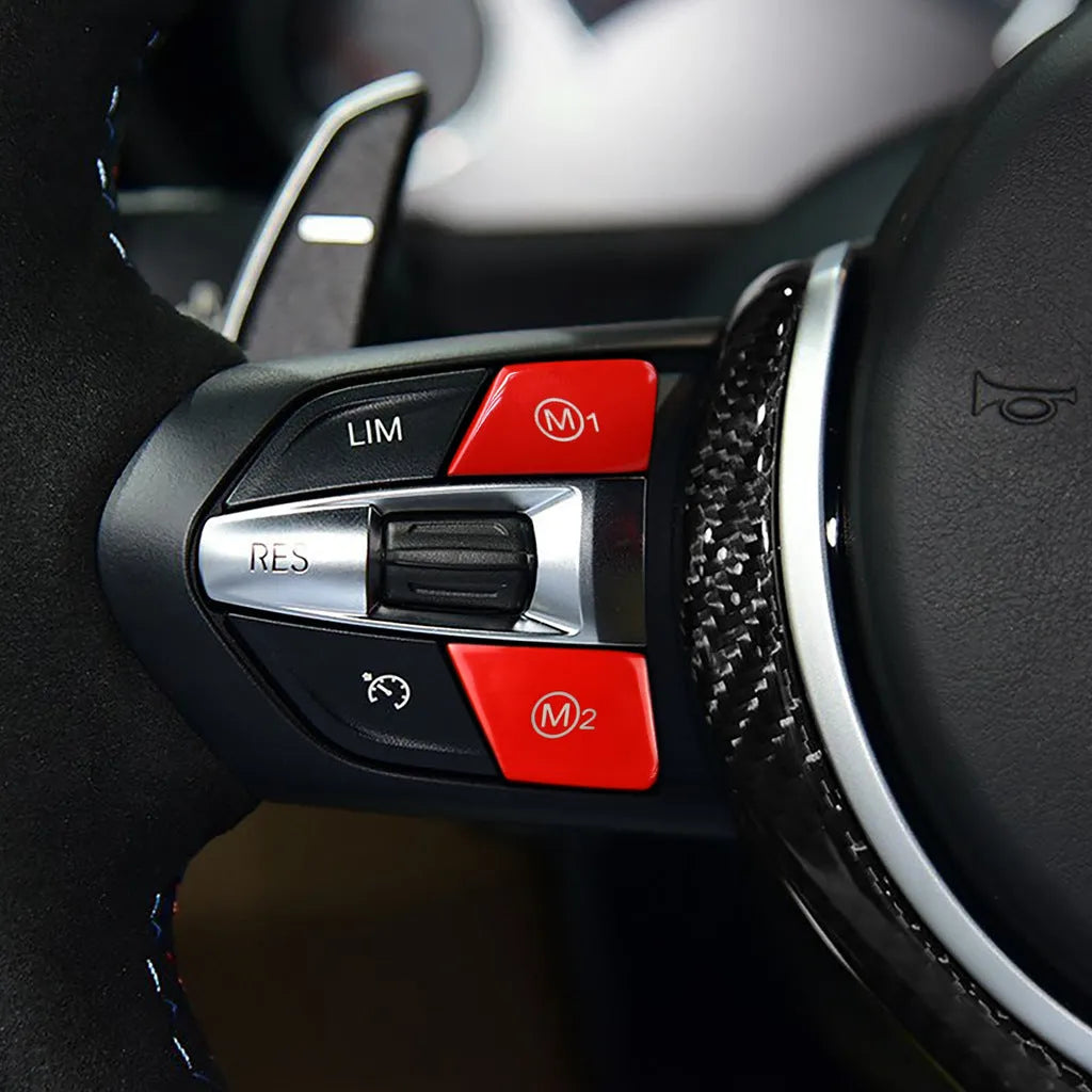 Red and blue M1 M2 steering wheel button replacements for BMW F30 and F34 models