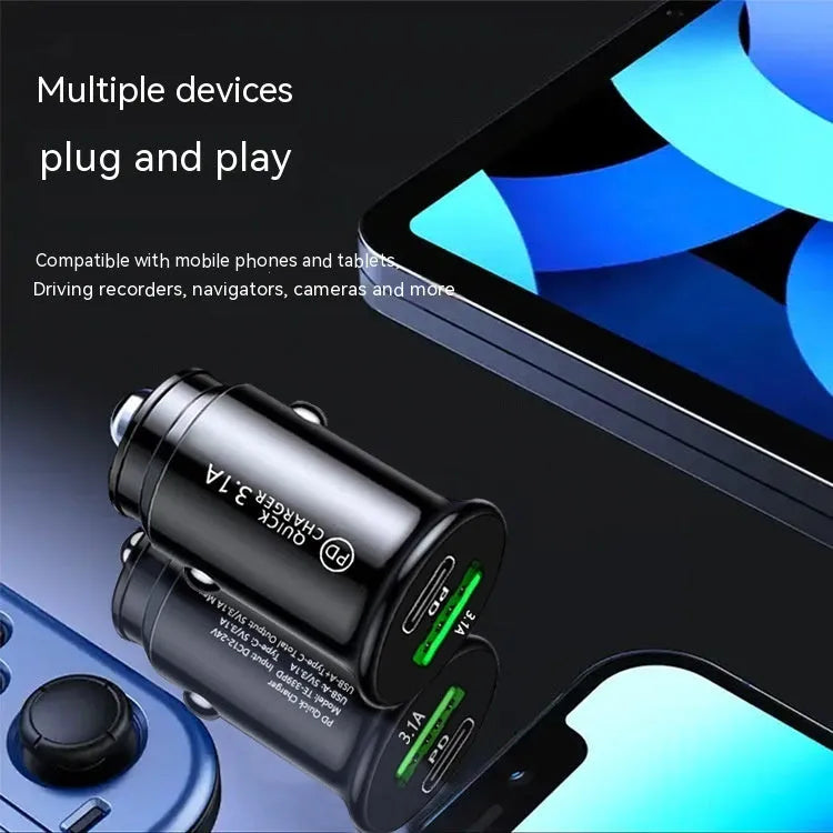 Dual USB car charger for cigarette lighter socket in black metal finish