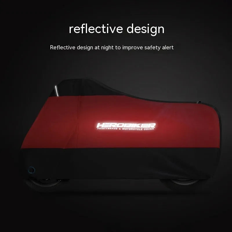 Black electric motorcycle rain cover with anti-theft features shown on parked motorcycle
