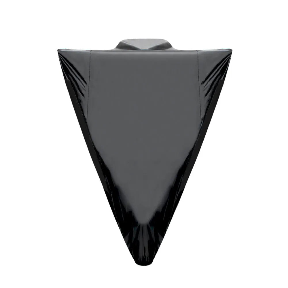Black electric motorcycle rain cover with anti-theft features shown on parked motorcycle