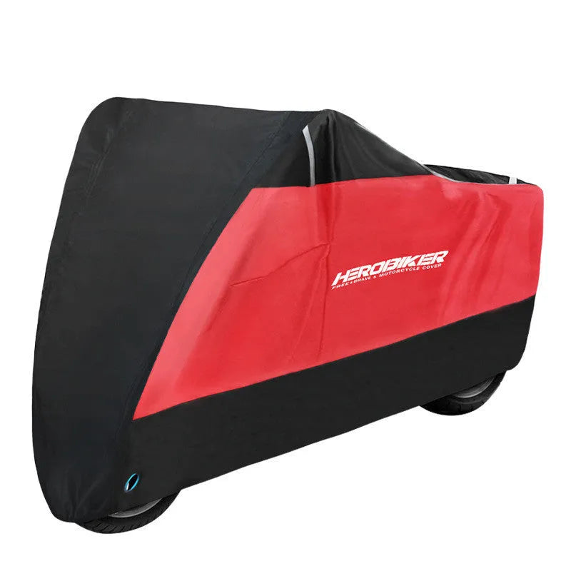 Black electric motorcycle rain cover with anti-theft features shown on parked motorcycle