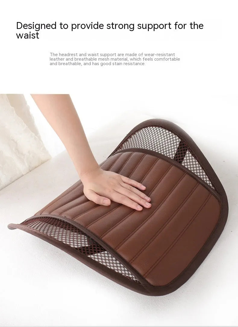 Leather lumbar support cushion on car seat in sapphire blue colour