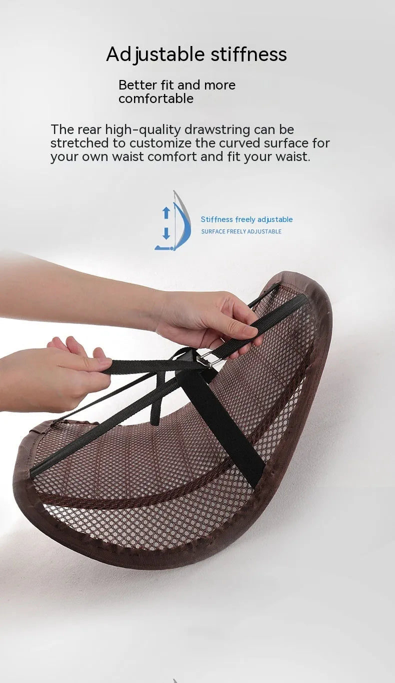 Leather lumbar support cushion on car seat in sapphire blue colour