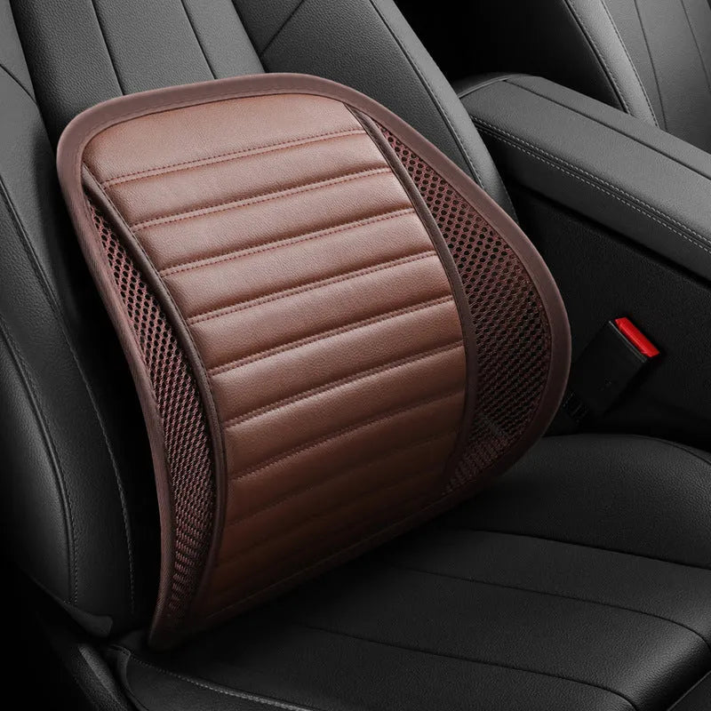 Leather lumbar support cushion on car seat in sapphire blue colour