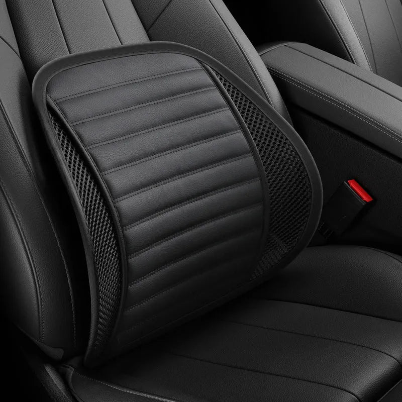 Leather lumbar support cushion on car seat in sapphire blue colour