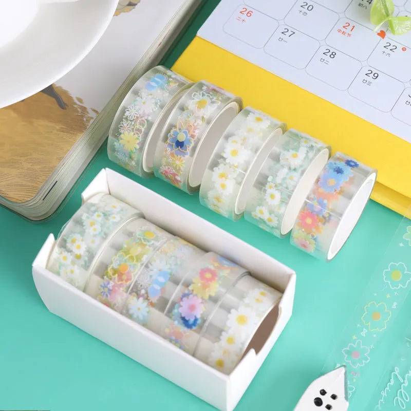 Five rolls of transparent Midsummer Daisy coloured decorative tape for diary and craft projects