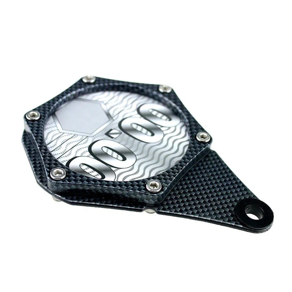 Black carbon fibre pattern motorcycle tax seal with metal alloy construction and six-corner screw