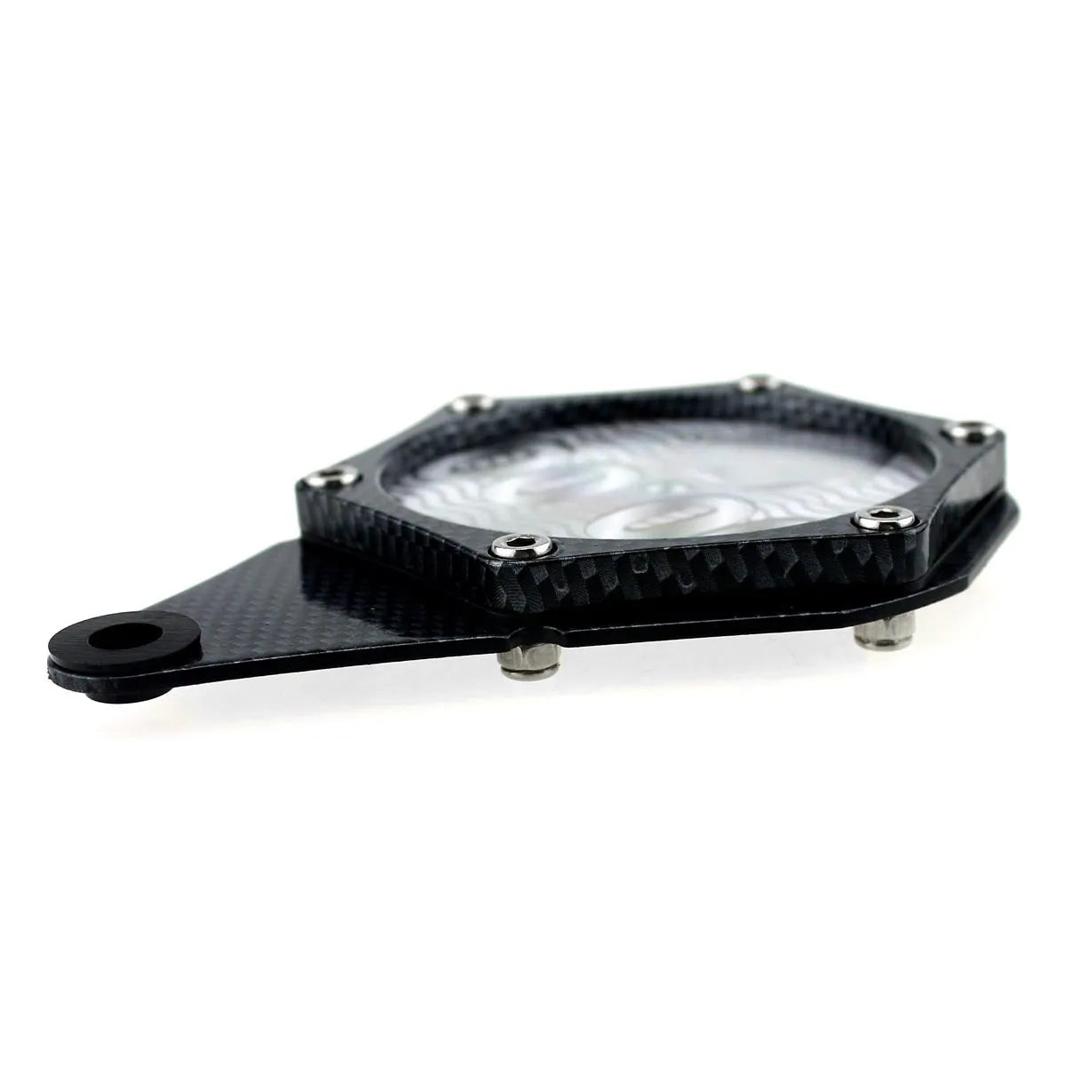 Black carbon fibre pattern motorcycle tax seal with metal alloy construction and six-corner screw