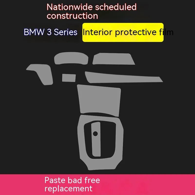 Transparent TPU protective film kit for BMW 3 Series centre console and dashboard.