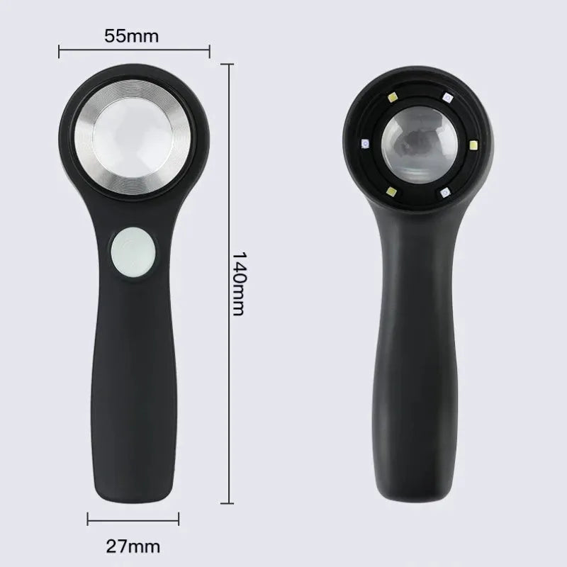 Black handheld magnifying glass with USB-C cable for charging its built-in inspection light.