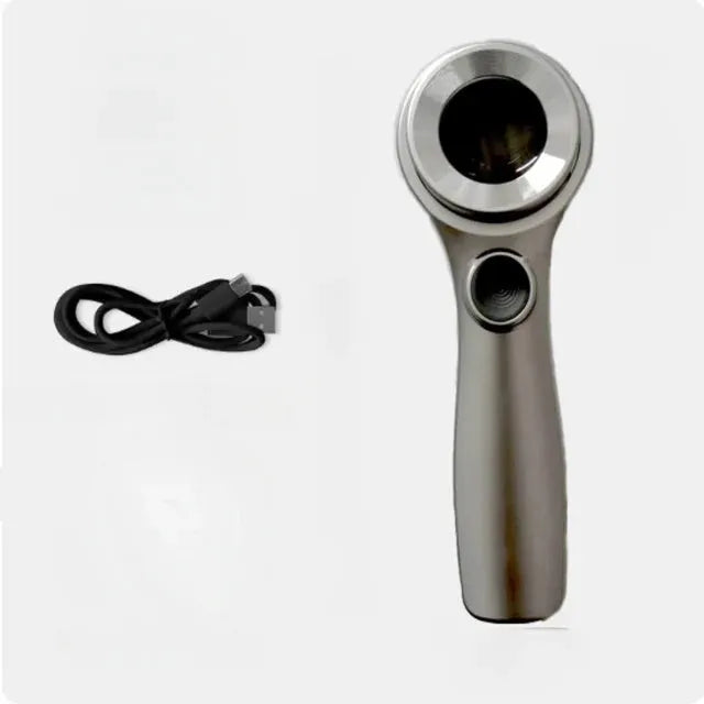 Black handheld magnifying glass with USB-C cable for charging its built-in inspection light.