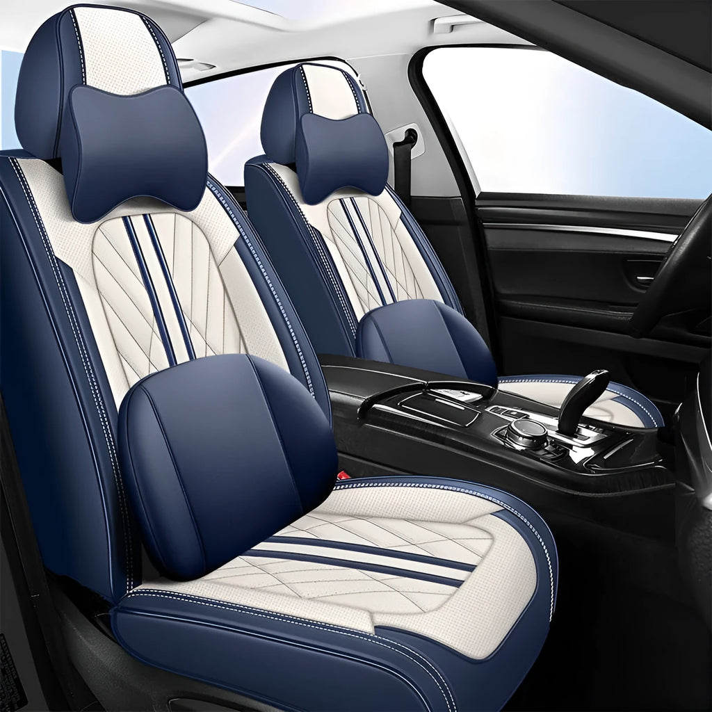 Five-piece genuine leather car seat cushion set showing colour options including striped and solid designs