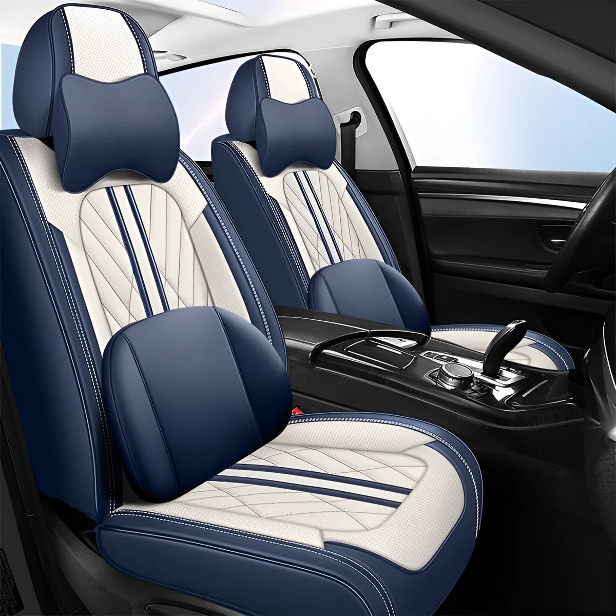 Five-piece genuine leather car seat cushion set showing colour options including striped and solid designs