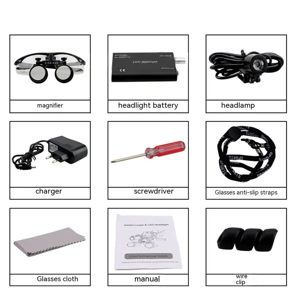Black head-mounted LED magnifying glass for dental and electronics work with 3.5X magnification