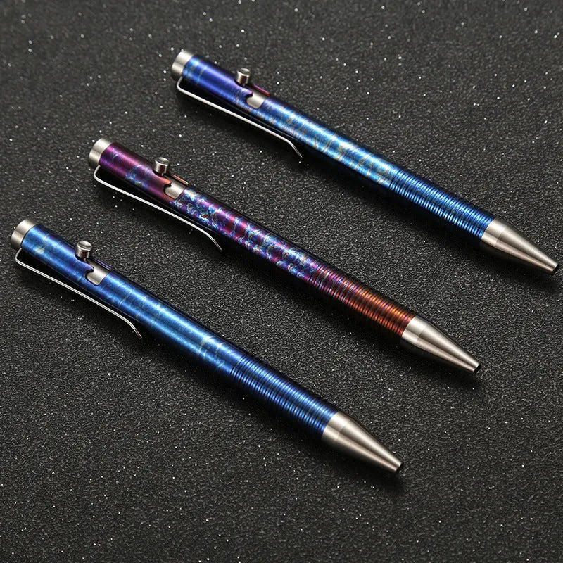 Titanium alloy bolt handle ballpoint pen with magic colour finish showing random phantom colour distribution