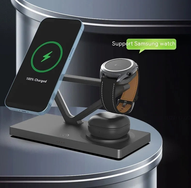 Black and white five-in-one wireless charging station with magnetic bracket, circular base, and watch charging position
