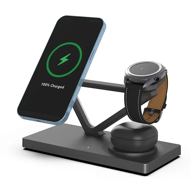Black and white five-in-one wireless charging station with magnetic bracket, circular base, and watch charging position
