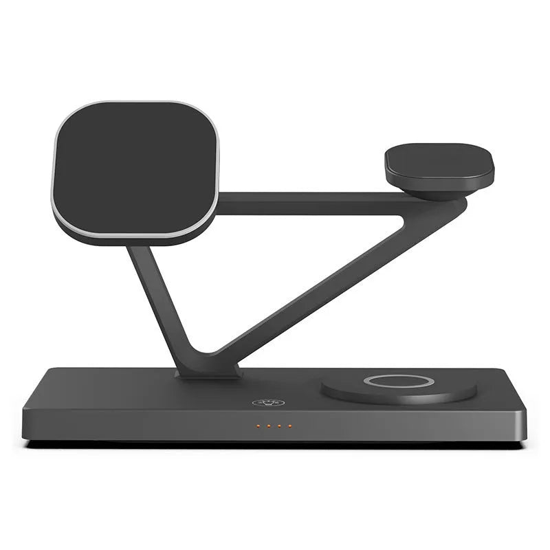 Black and white five-in-one wireless charging station with magnetic bracket, circular base, and watch charging position