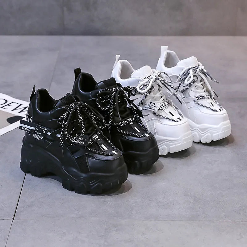 Women's white breathable mesh platform tennis shoes with cross-strap and 6-8cm heel