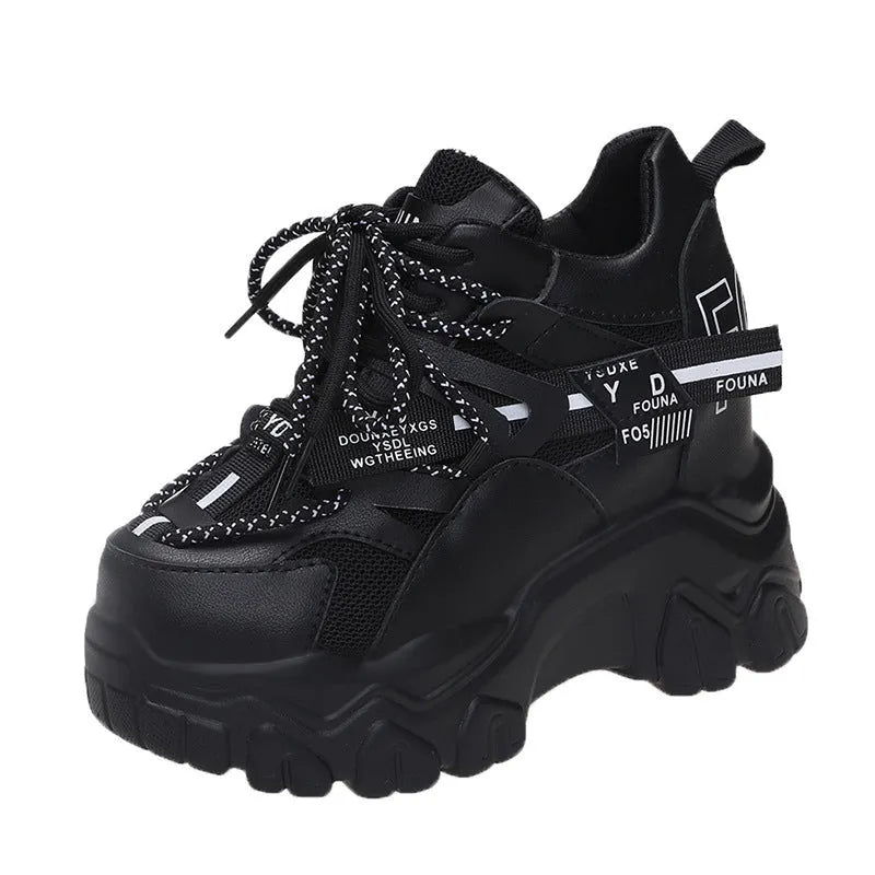 Women's white breathable mesh platform tennis shoes with cross-strap and 6-8cm heel