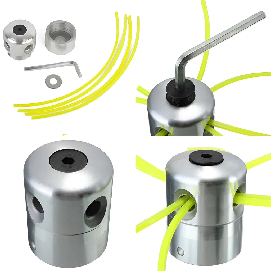Silver aluminium Luzhu lawn mower grass head kit with four light yellow square cords and a wrench