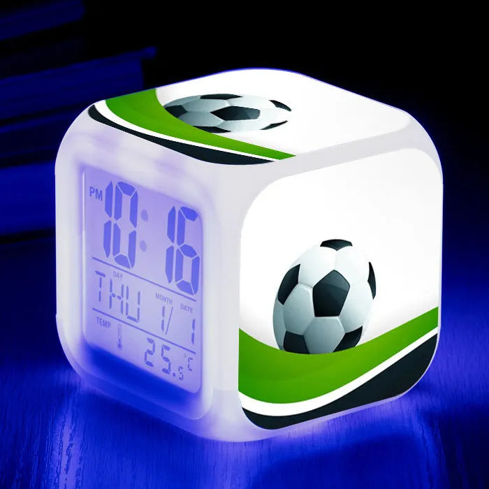 Square football pattern alarm clock with plastic casing and cartoon design for student use