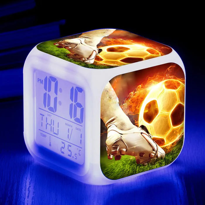 Square football pattern alarm clock with plastic casing and cartoon design for student use