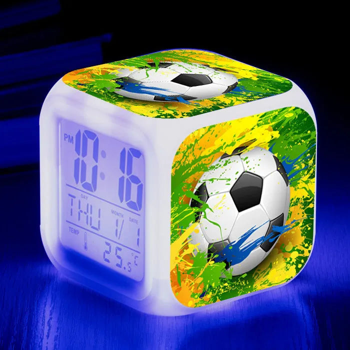Square football pattern alarm clock with plastic casing and cartoon design for student use