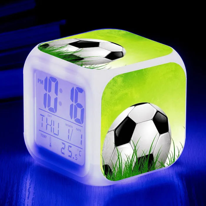Square football pattern alarm clock with plastic casing and cartoon design for student use