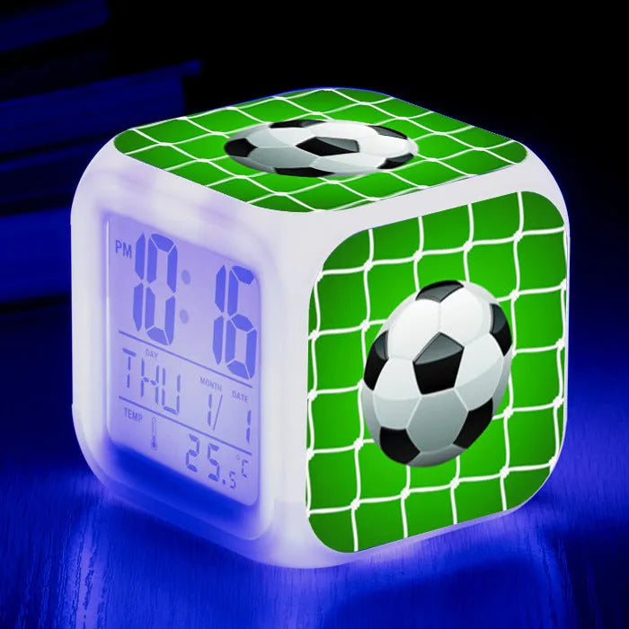Square football pattern alarm clock with plastic casing and cartoon design for student use