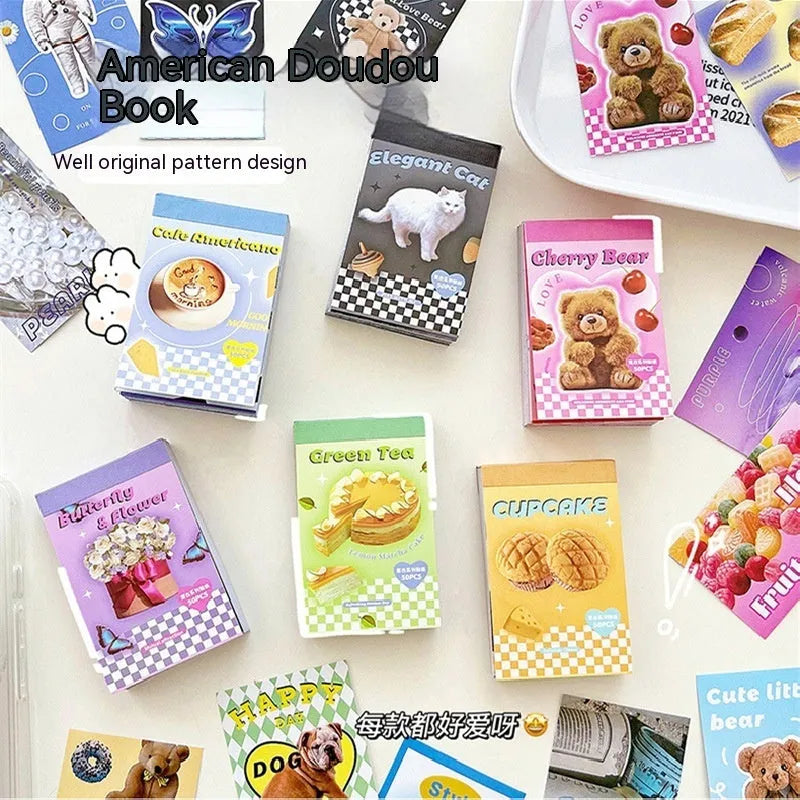 American retro cartoon style sticker book with multicoloured 4x6cm adhesive sheets.
