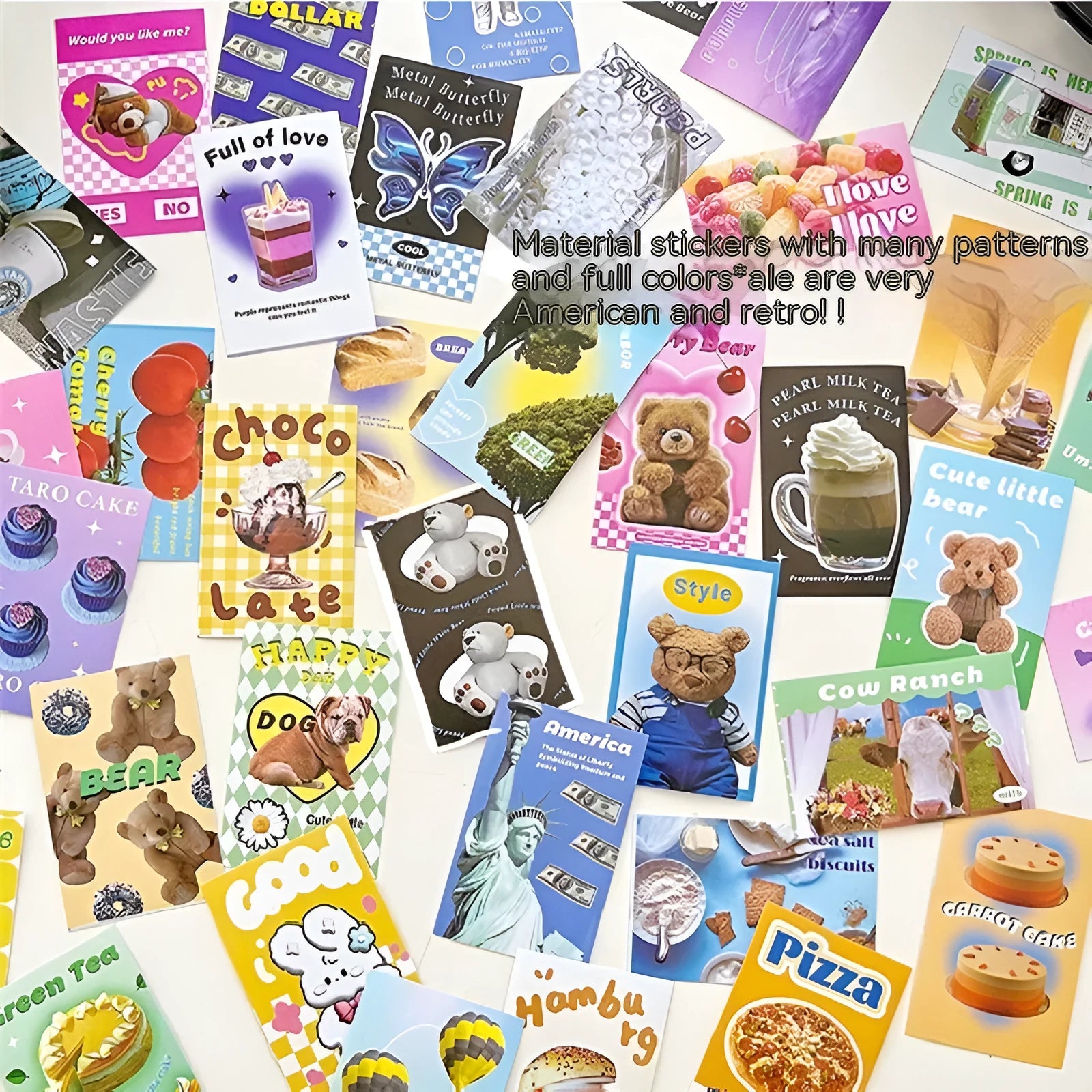 American retro cartoon style sticker book with multicoloured 4x6cm adhesive sheets.