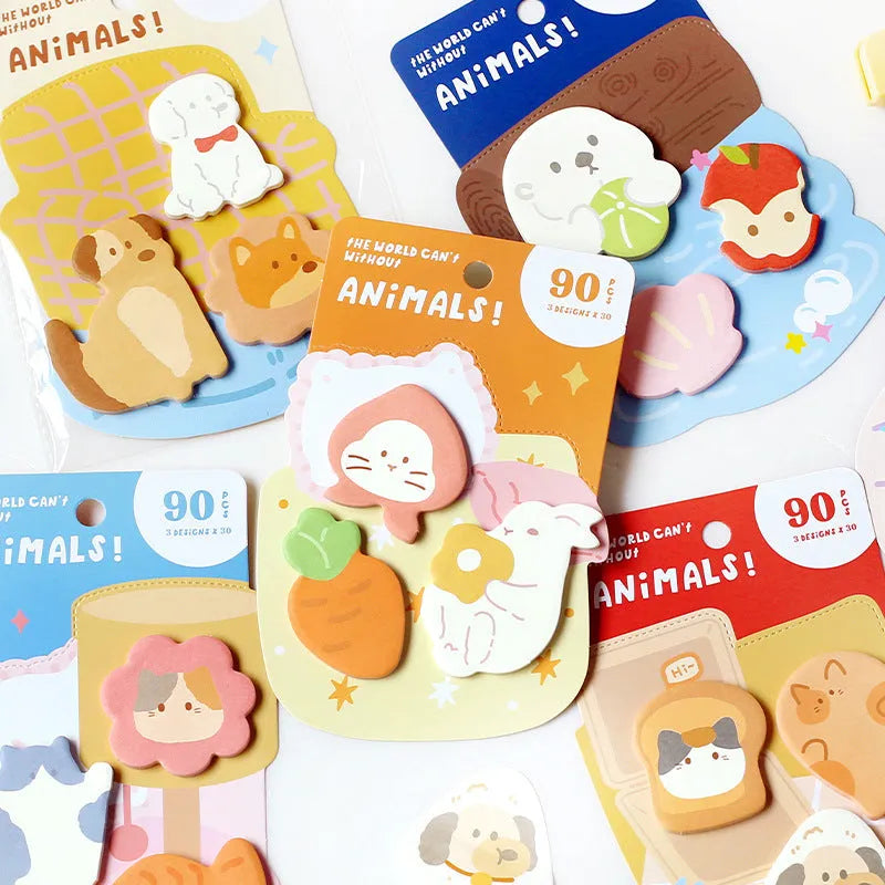 Animal-shaped sticky note set with 90 pages showing six different animal-themed designs