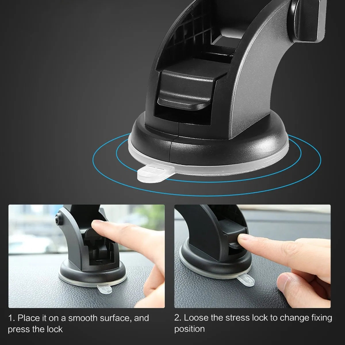 Yellow and black telescopic car phone holder with suction cup mounted on a car dashboard