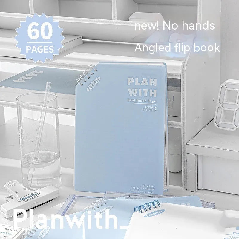 Oblique angle artsy ins style salt series student draft notebook showing A5 and B5 size options with white and blue cover designs.