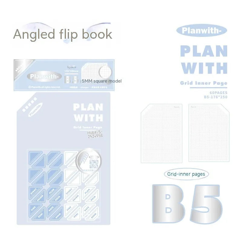 Oblique angle artsy ins style salt series student draft notebook showing A5 and B5 size options with white and blue cover designs.