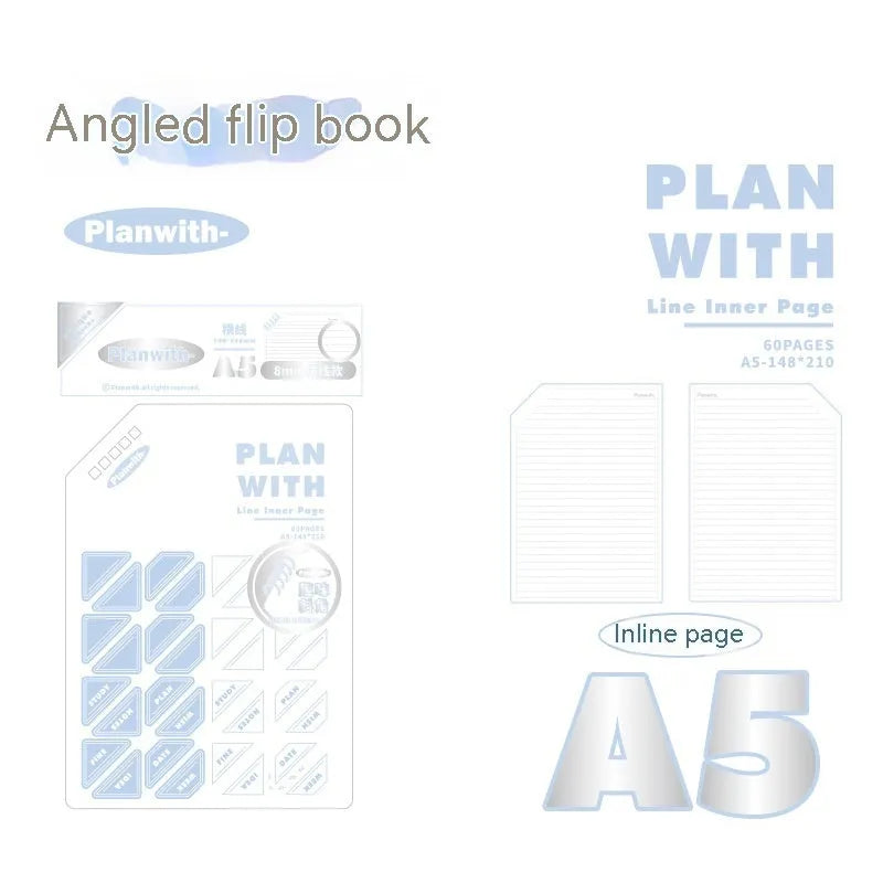 Oblique angle artsy ins style salt series student draft notebook showing A5 and B5 size options with white and blue cover designs.