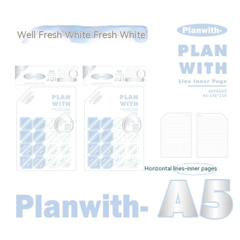 Oblique angle artsy ins style salt series student draft notebook showing A5 and B5 size options with white and blue cover designs.